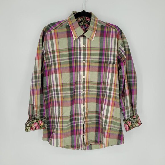 Alan Flusser mens medium green stripe floral contrast cuff button down shirt - Picture 10 of 10